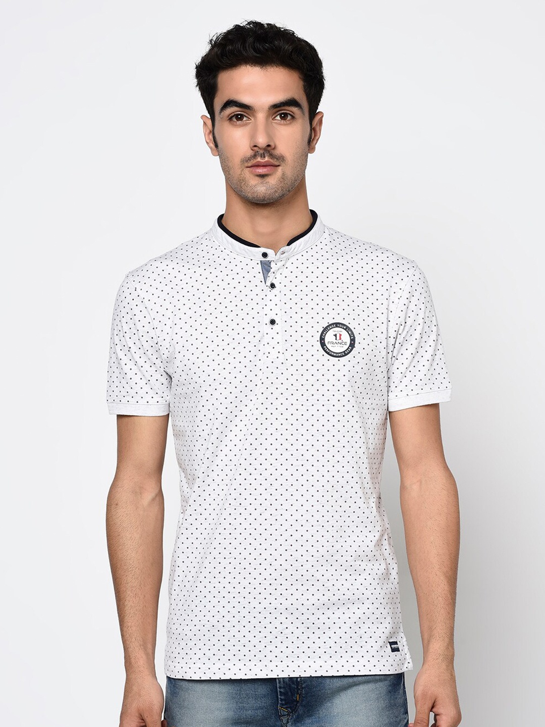 

Octave Men White & Red Printed Mandarin Collar Cotton T-shirt