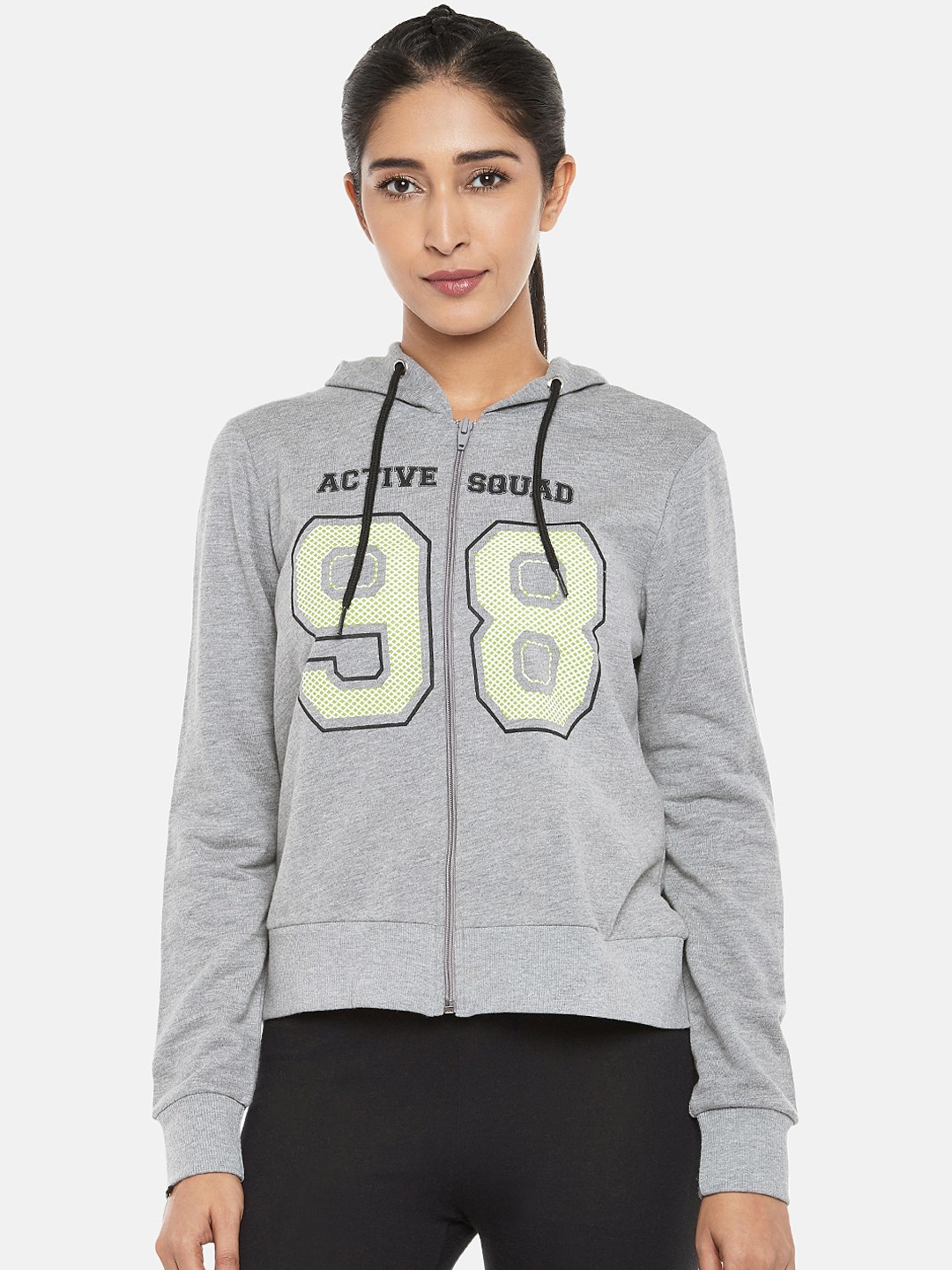 

Ajile by Pantaloons Women Grey Melange Printed Hooded Sweatshirt