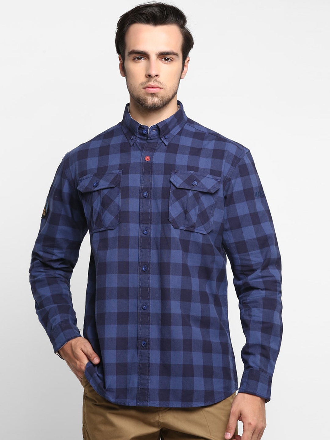 Royal Enfield Men Navy Blue Regular Fit Checked Casual Shirt