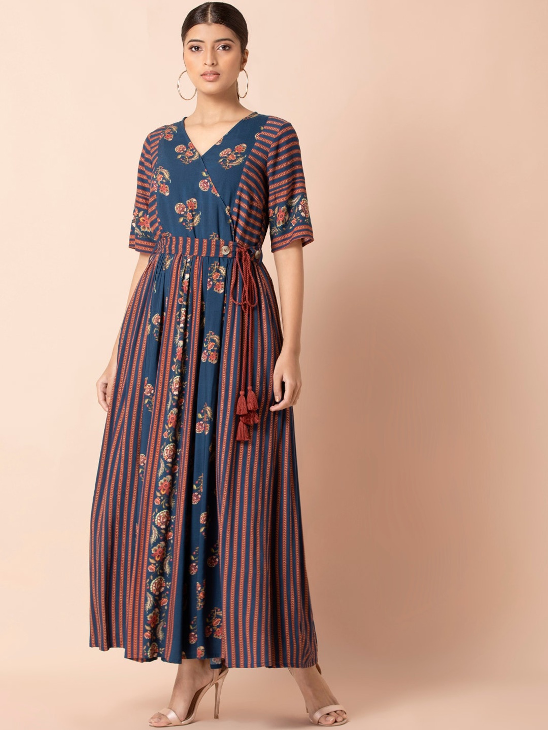 

INDYA Navy Blue & Brown Floral Angrakha Maxi Dress