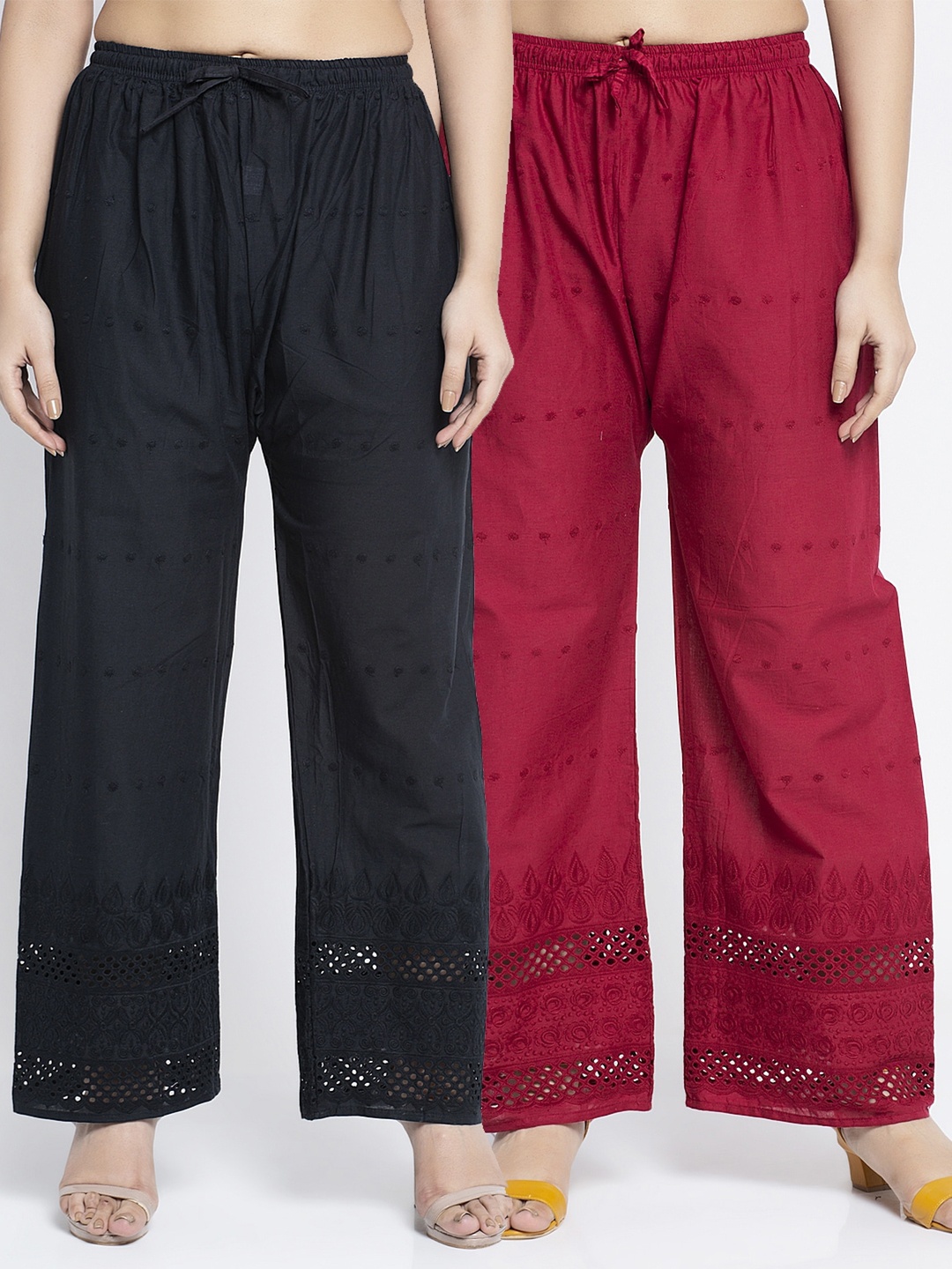 

GRACIT Women Pack of 2 Embroidered Wide Leg Palazzos, Black