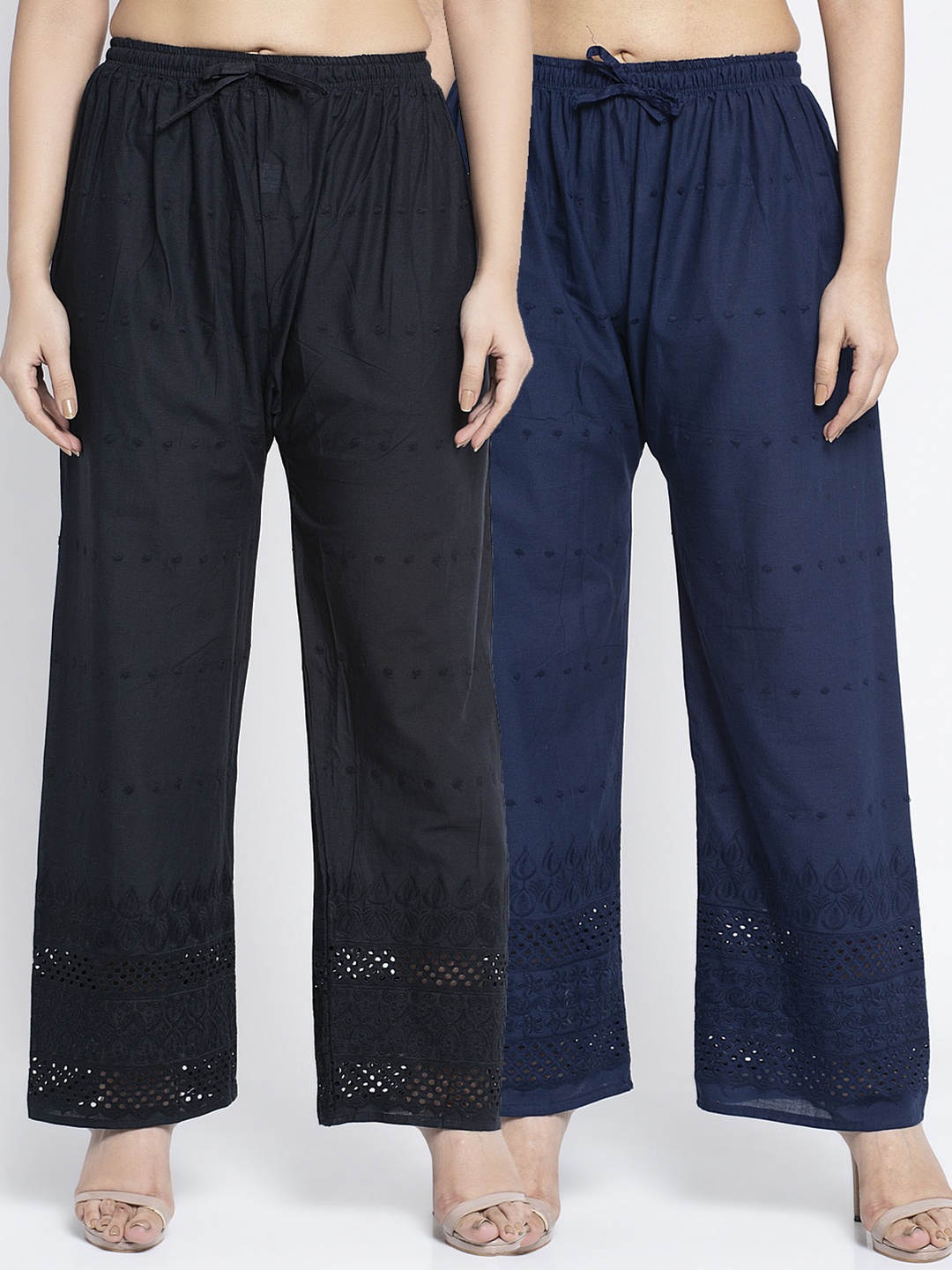 

GRACIT Women Pack Of 2 Black & Navy Blue Embroidered Wide Leg Cotton Palazzos