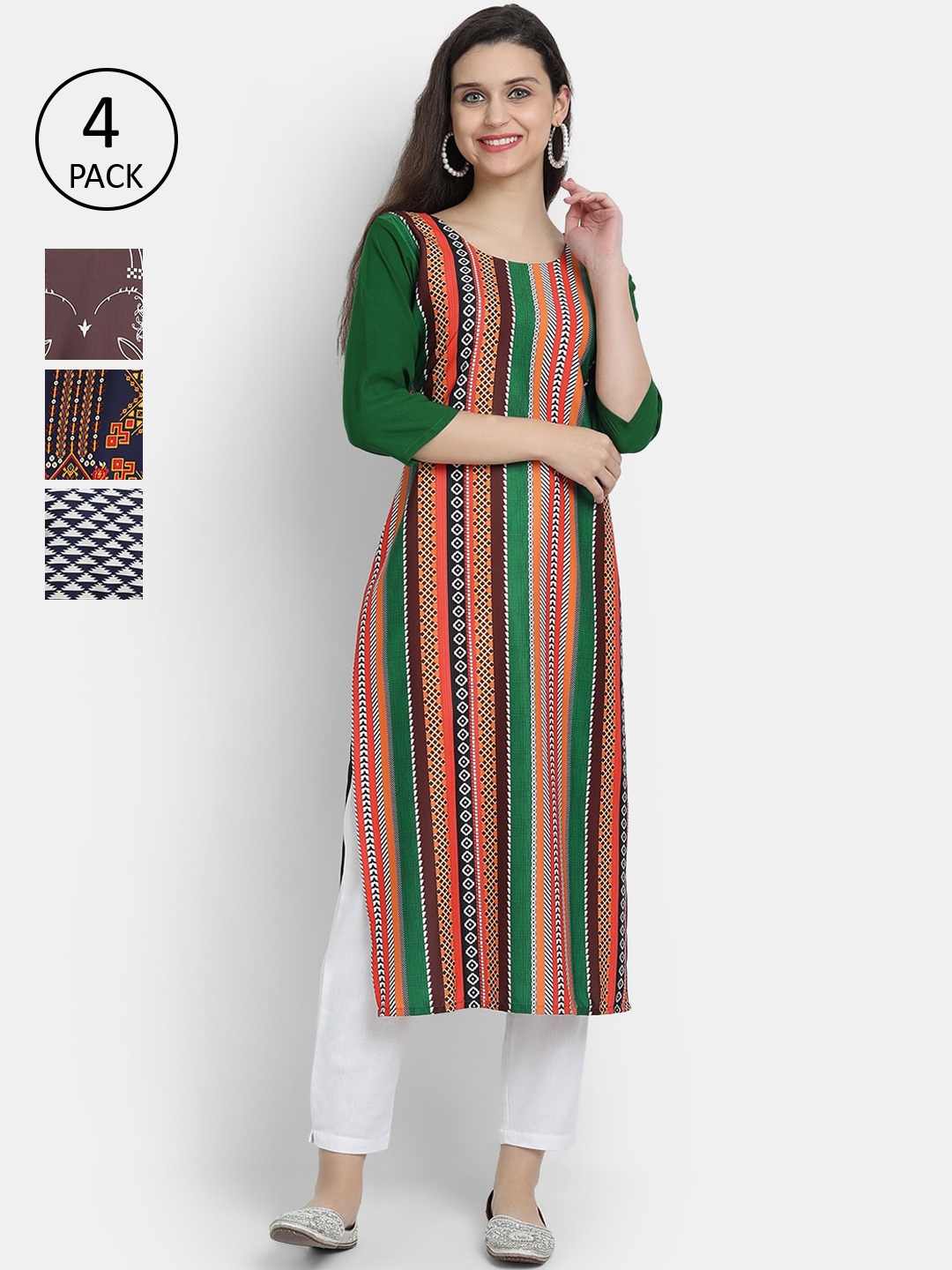 

Ethnic basket Women Pack Of 4 Printed Crepe Kurta, Green