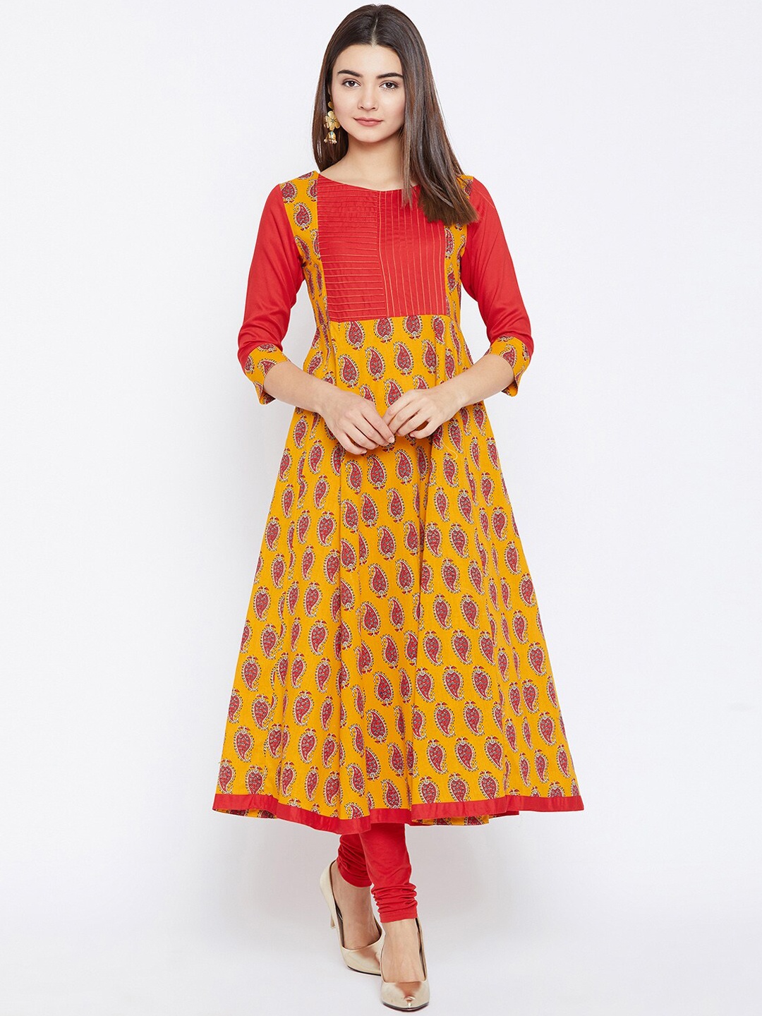 

PANIT Women Yellow & Red Paisley Printed Anarkali Kurta
