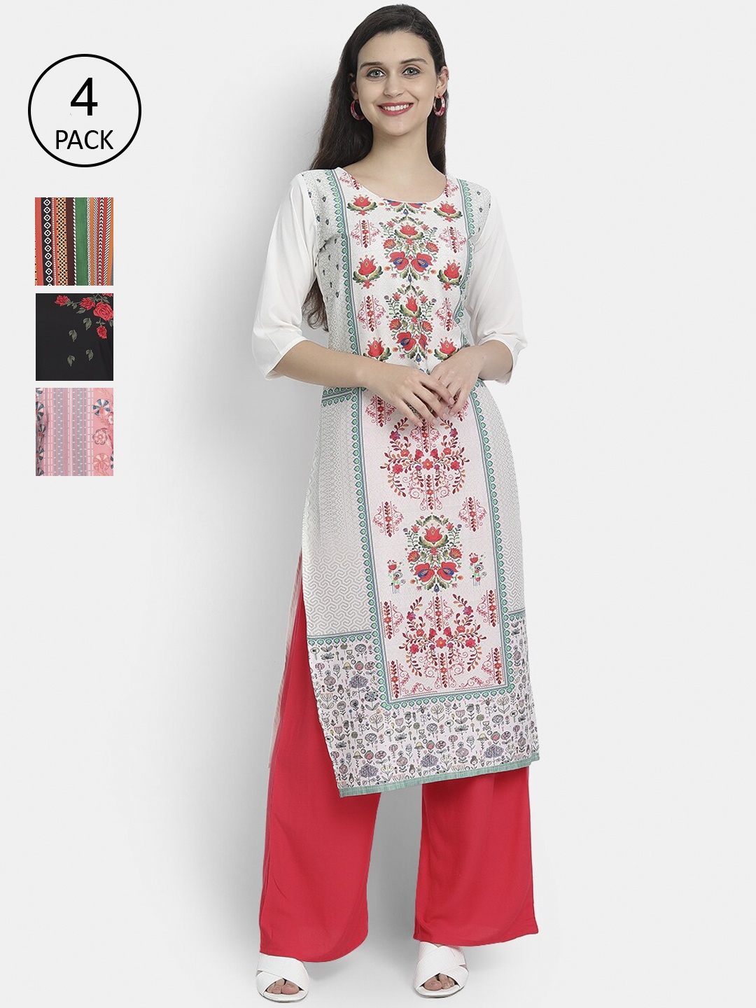 

Ethnic basket Women Multicoloured Pack of 4 Printed Crepe Straight Kurta, Multi
