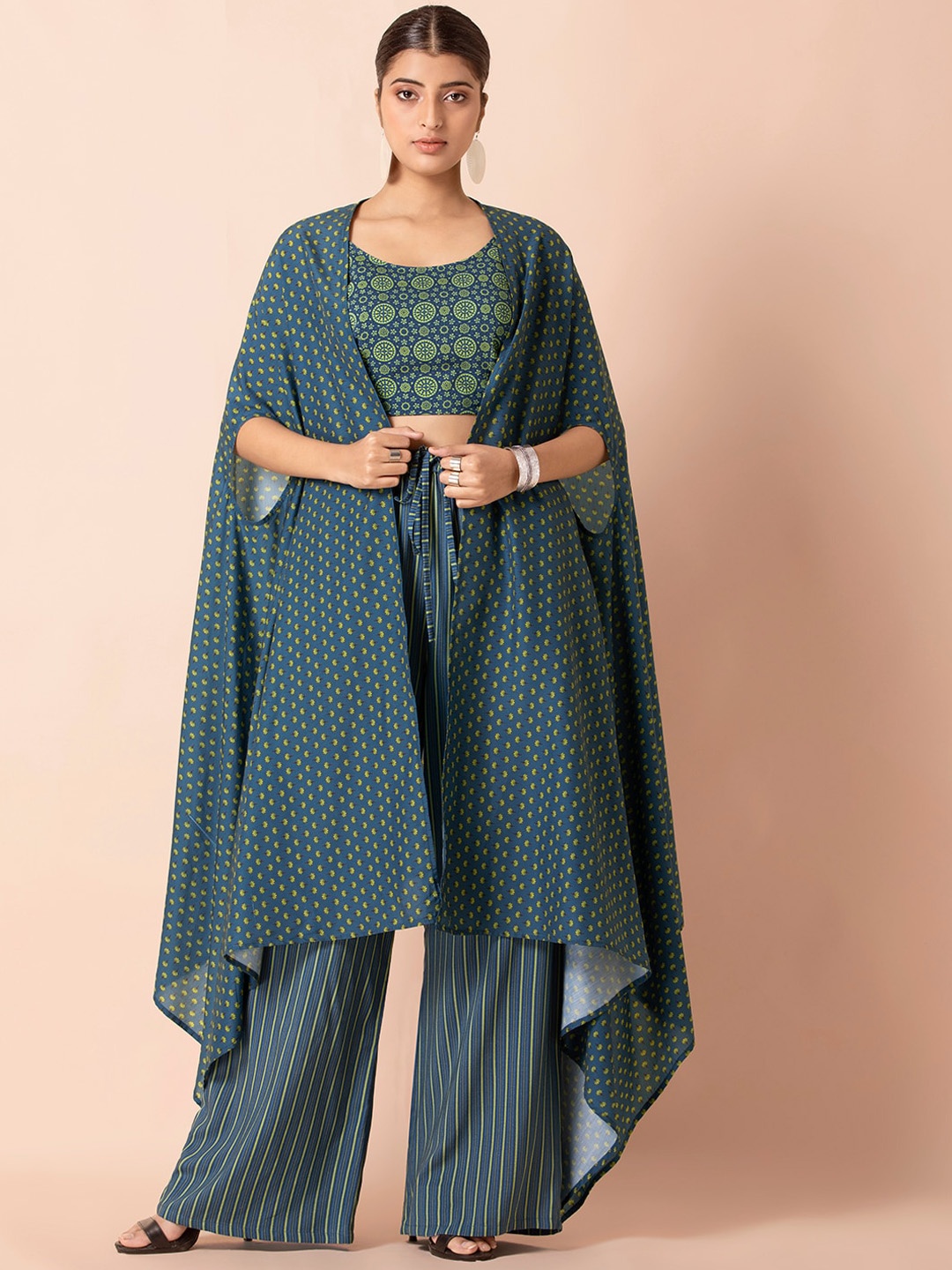 

INDYA Women Blue Printed Longline Fusion Shrug