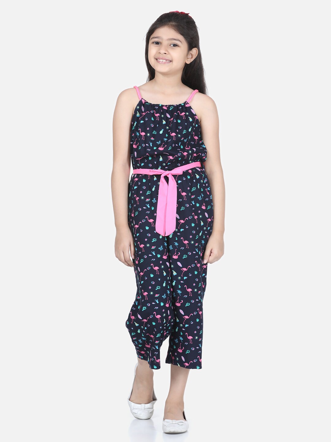 StyleStone Girls Black & Pink Flamingo Printed Basic Jumpsuit with Pink Belt