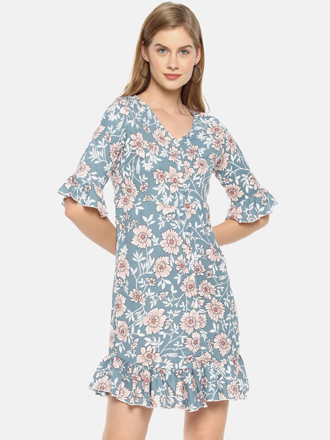 

Campus Sutra Blue Floral A-Line Dress