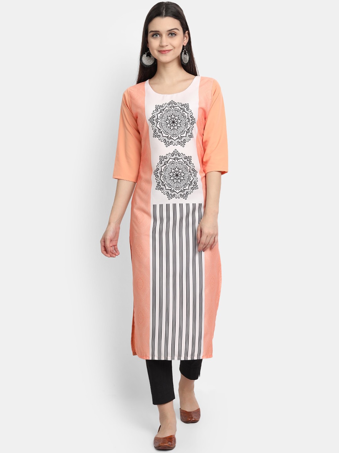 

Ethnic basket Women Peach-Coloured & White Ethnic Motifs Printed Crepe Kurta