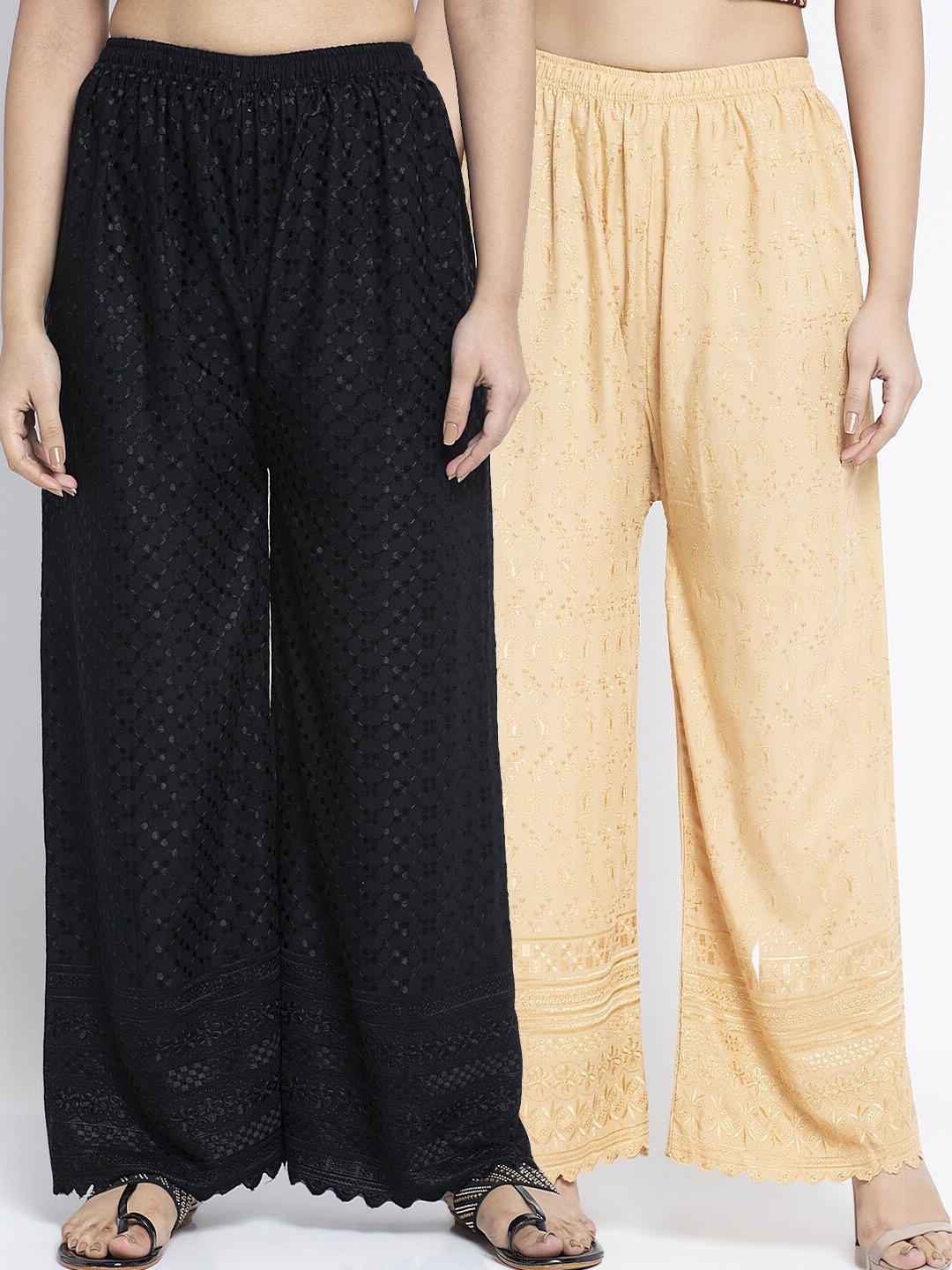 

GRACIT Women Pack of 2 Black & Beige Embroidered Wide Leg Palazzos
