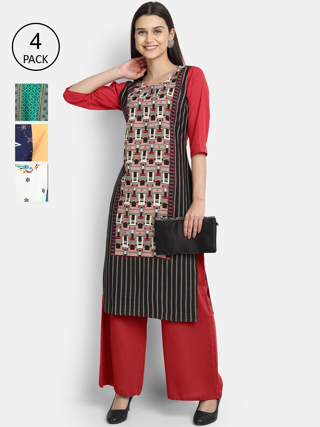 

Ethnic basket Women Pack Of 4 Ethnic Motifs Printed Crepe Kurta, Multi