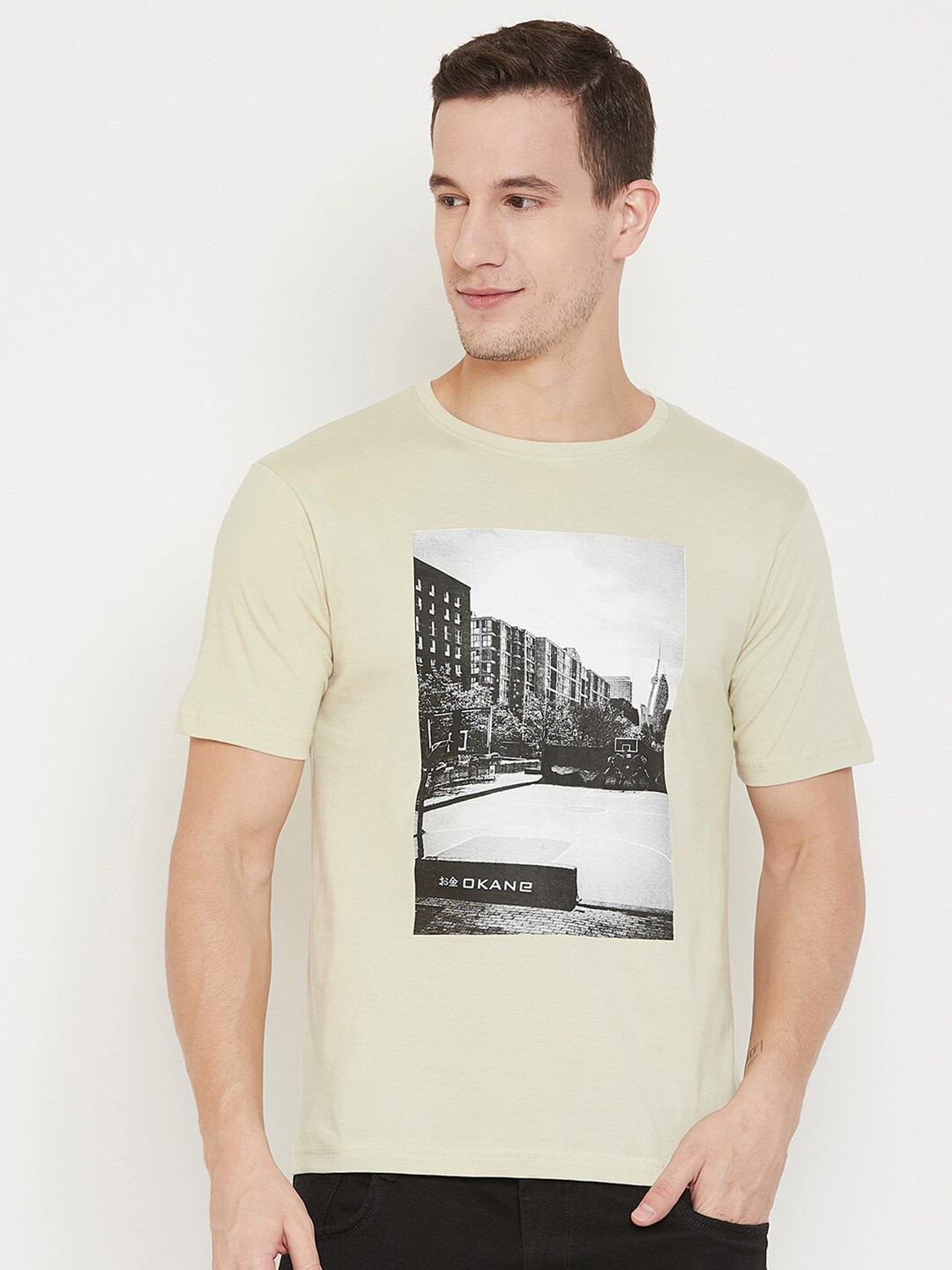 

Okane Men Camel Brown Printed Round Neck T-shirt