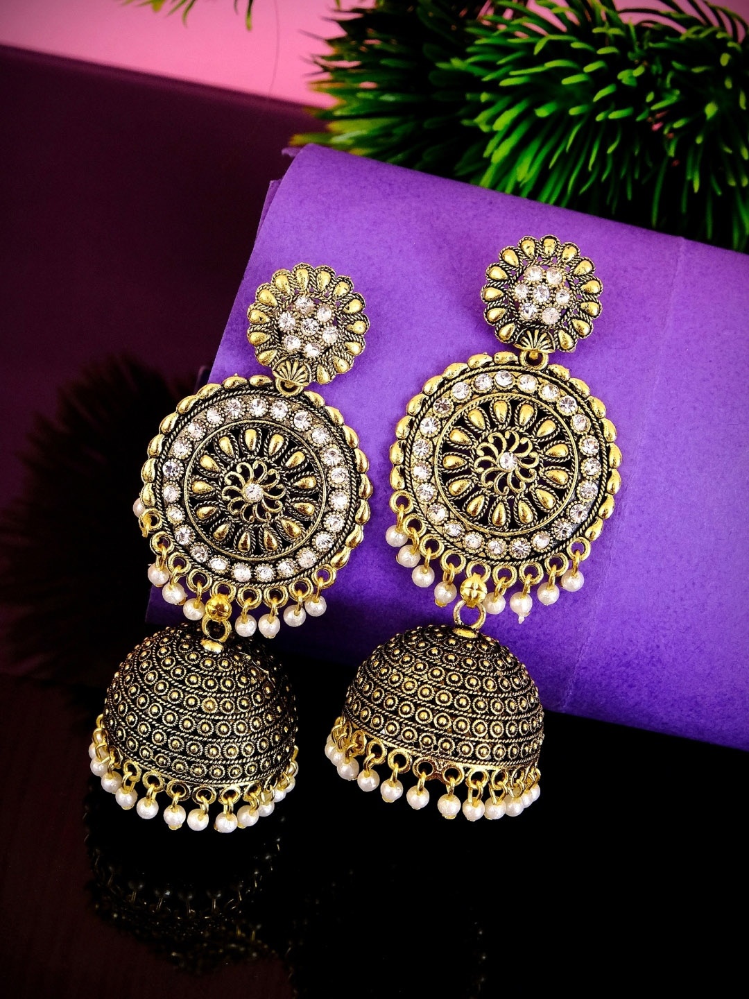 

Crunchy Fashion Gold-Plated & White Handcrafted Contemporary Jhumkas