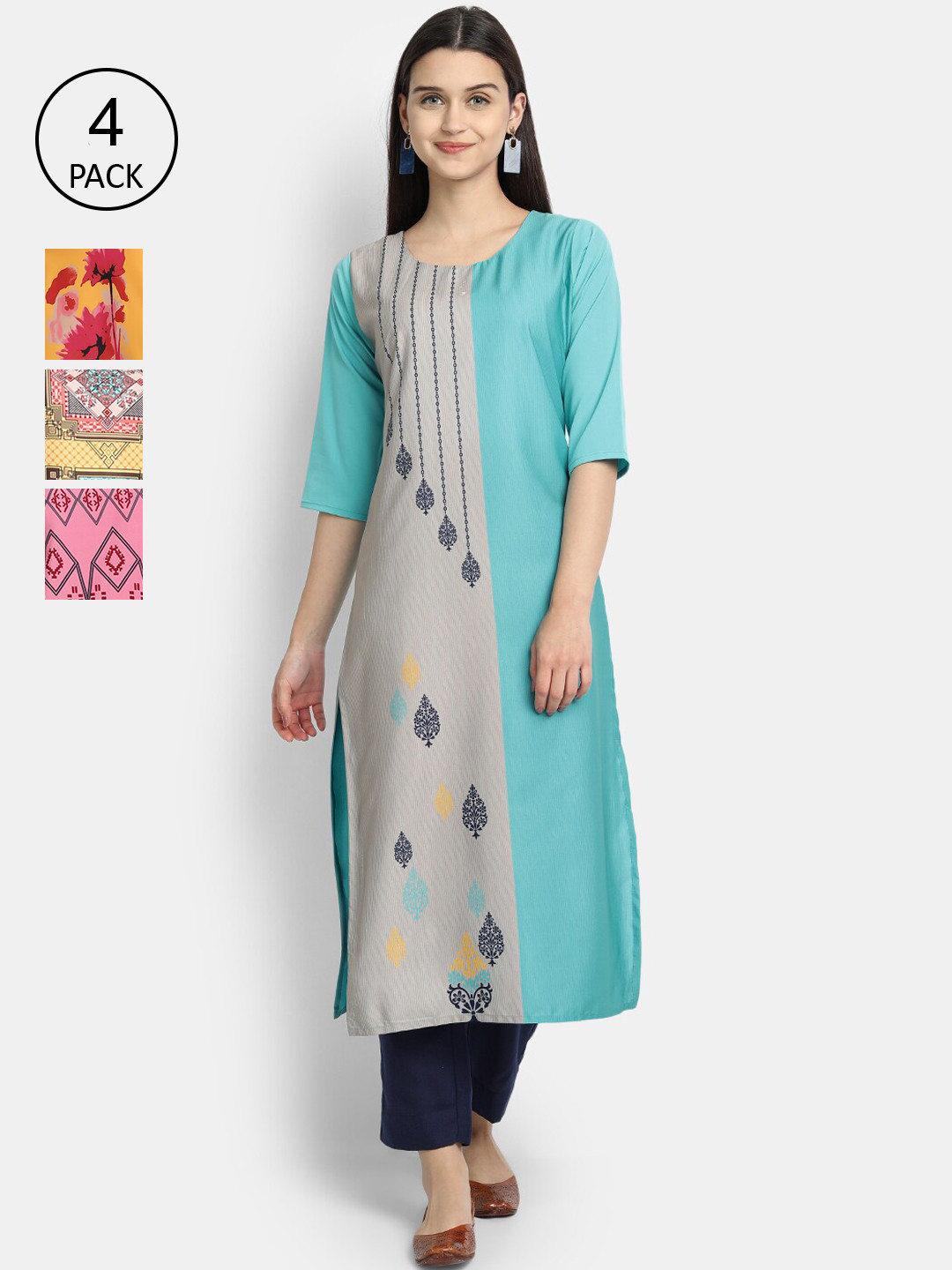 

Ethnic basket Women Pack Of 4 Printed Crepe Kurta, Multi