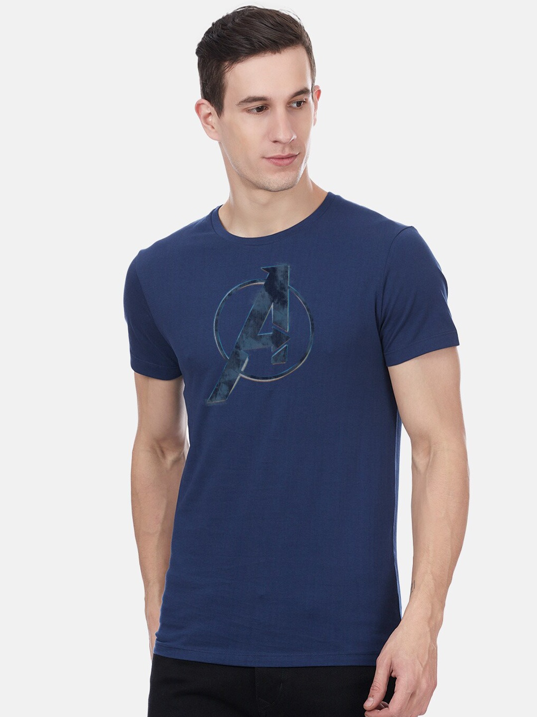 

Free Authority Men Navy Blue Avengers Printed Round Neck Pure Cotton T-shirt