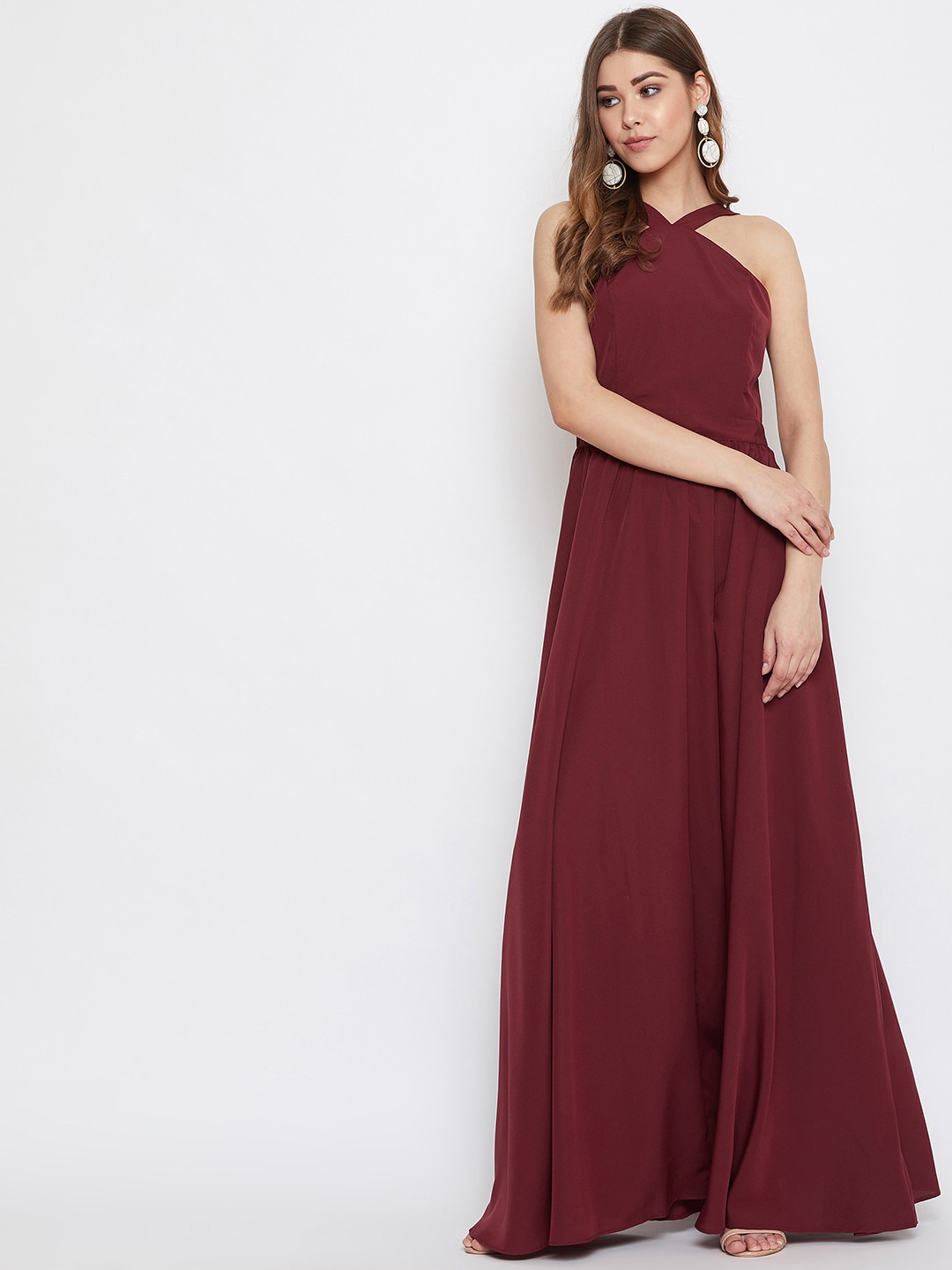 

Berrylush Maroon Crepe Maxi Dress