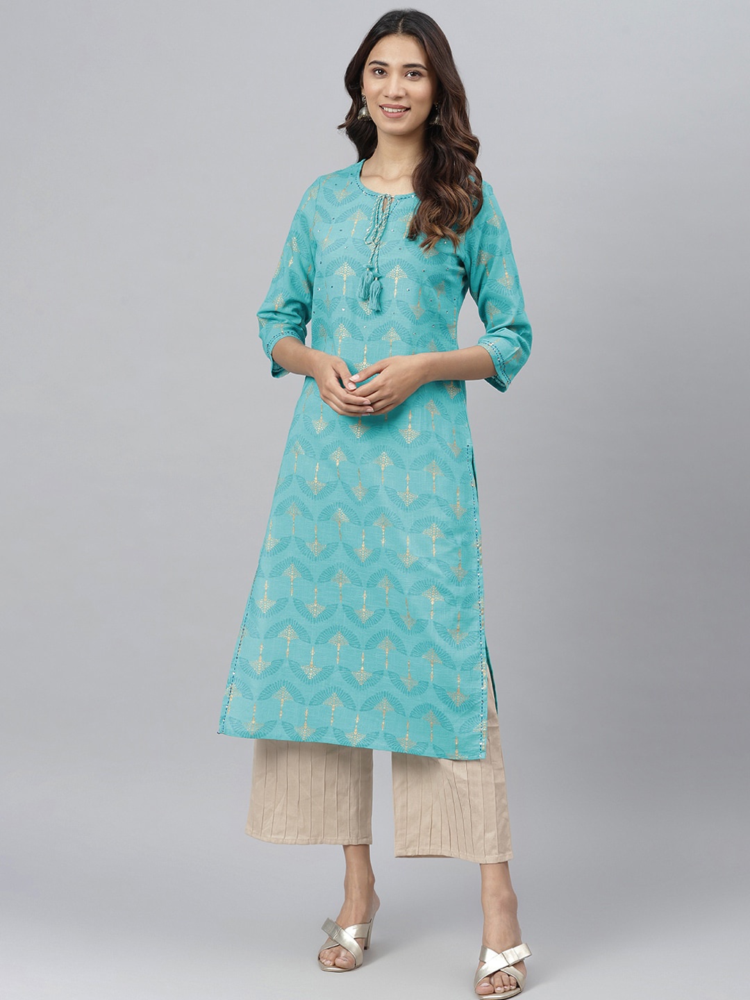

JAIPUR ATTIRE Women Blue & Gold-Toned Ethnic Motifs Printed Kurta