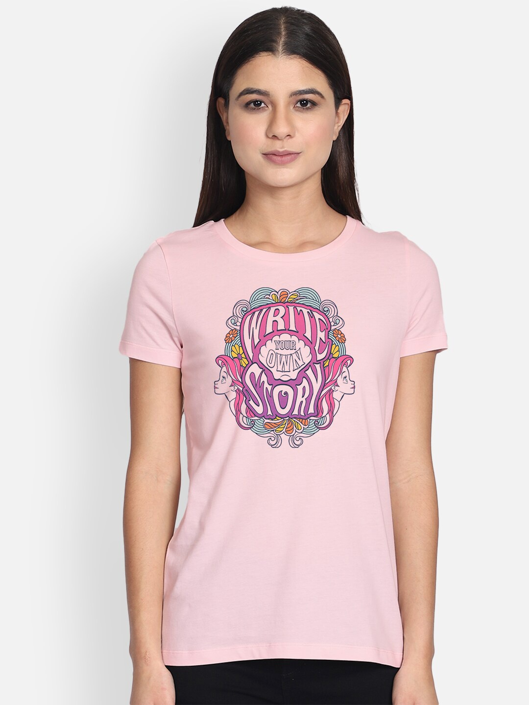 

Free Authority Women Pink Printed Round Neck Disney Princess Pure Cotton T-shirt