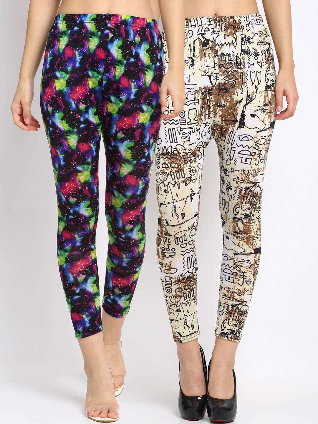 

NEUDIS Women Pack of 2 Abstract Printed Ankle Length Leggings, Yellow