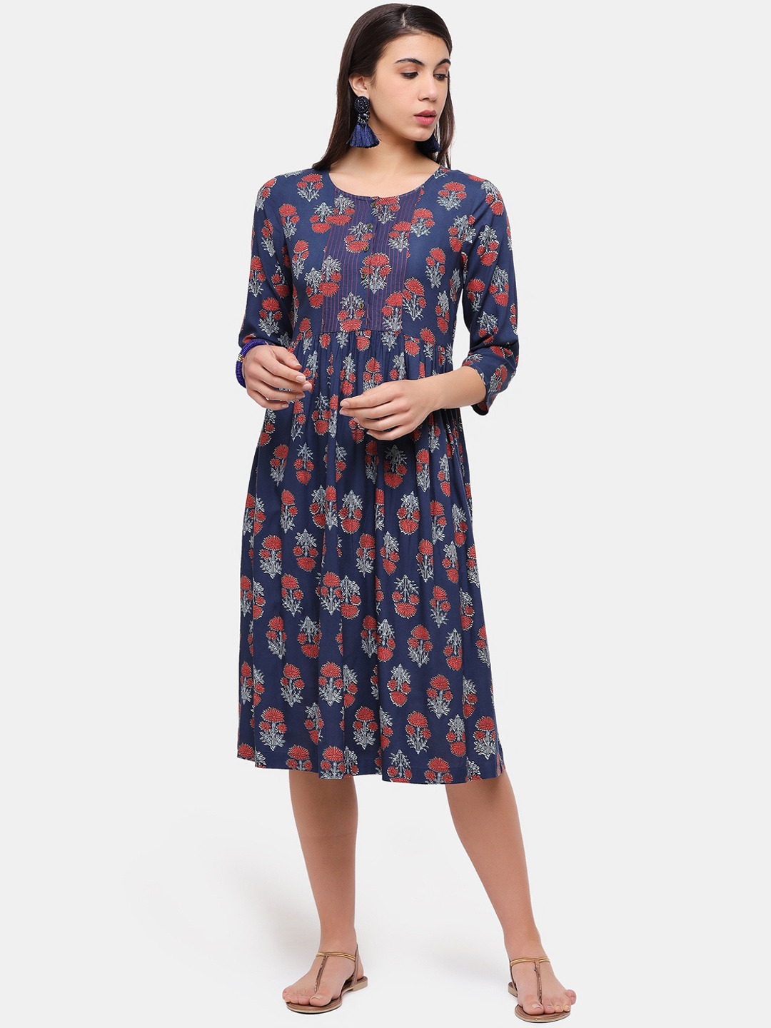

IMARA Blue Floral A-Line Midi Dress