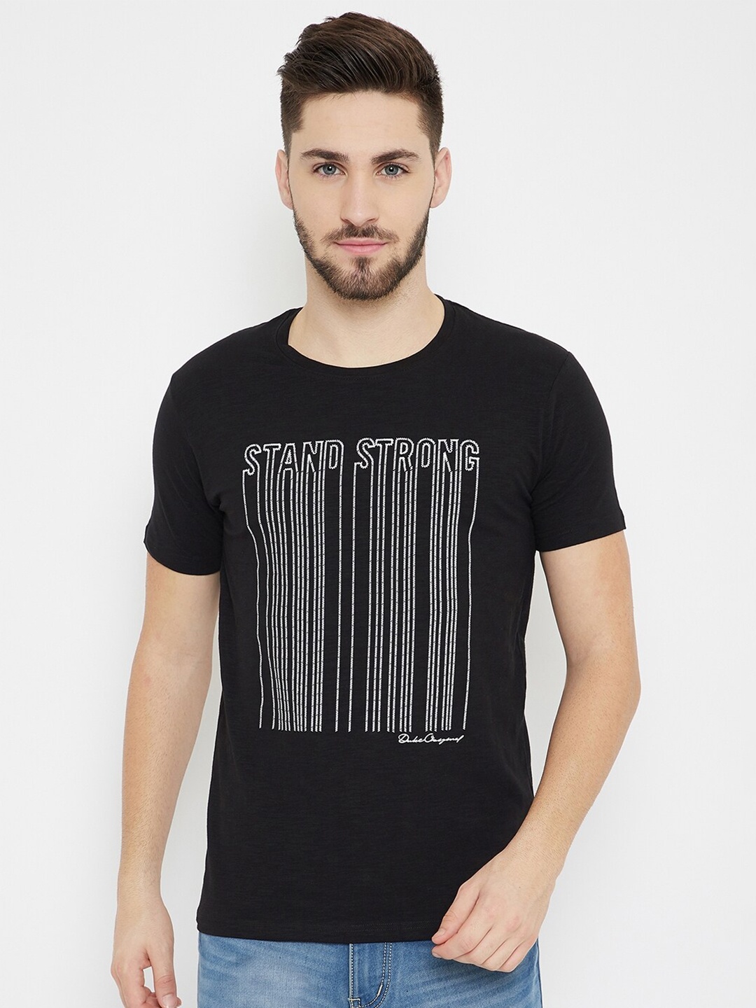 

Duke Men Black Striped Cotton Monochrome Slim Fit Tshirt