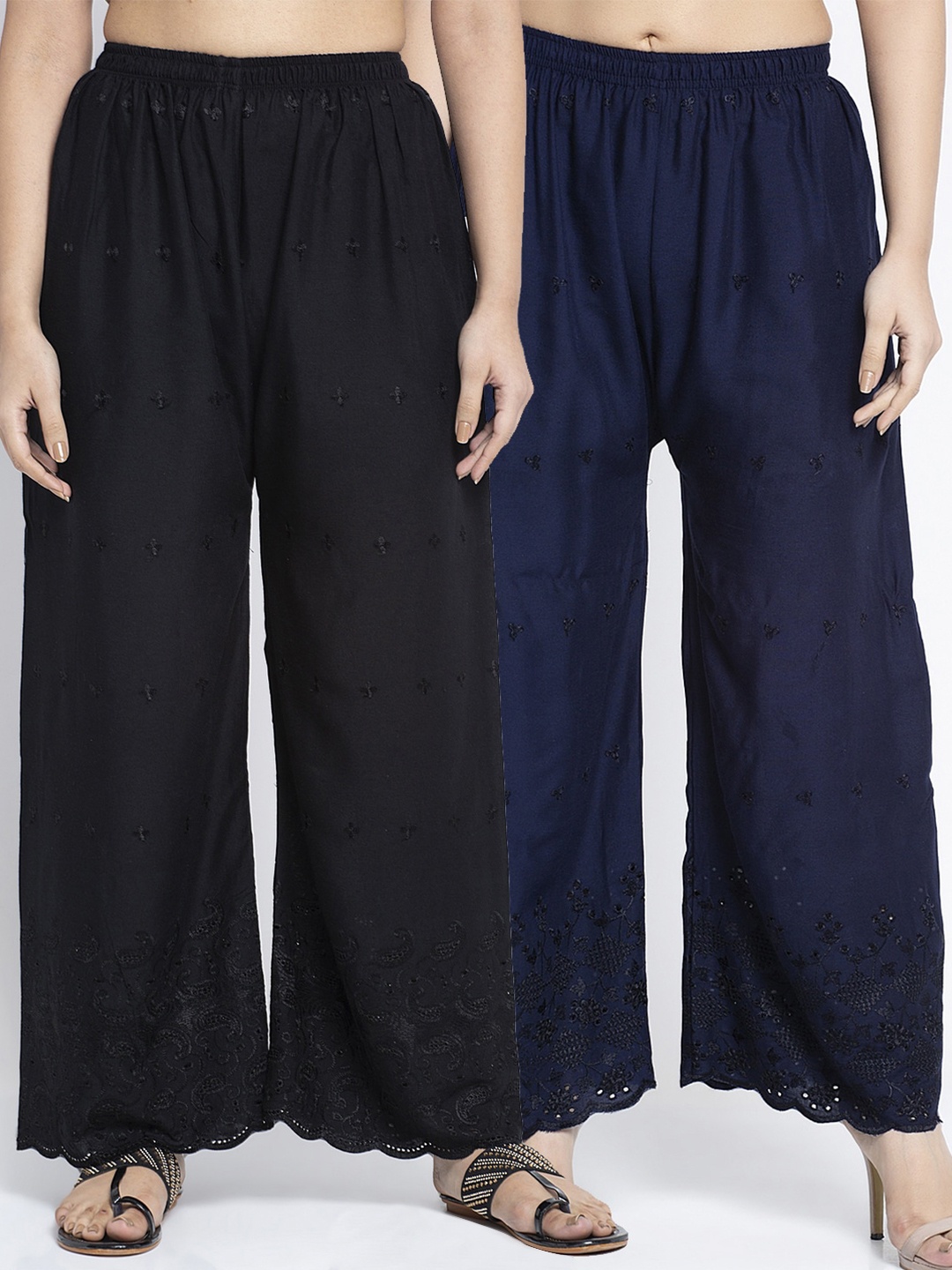 

GRACIT Women Pack of 2 Black & Navy Blue Embroidered Wide Leg Palazzos