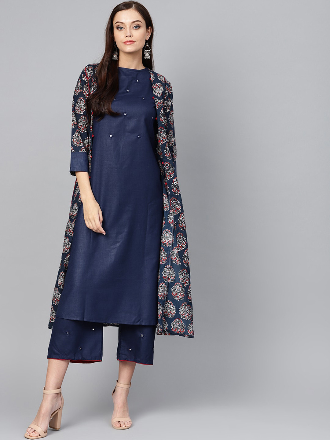 

Indo Era Women Navy Blue Embellished Mirror Work Cotton Kurta With Jacket