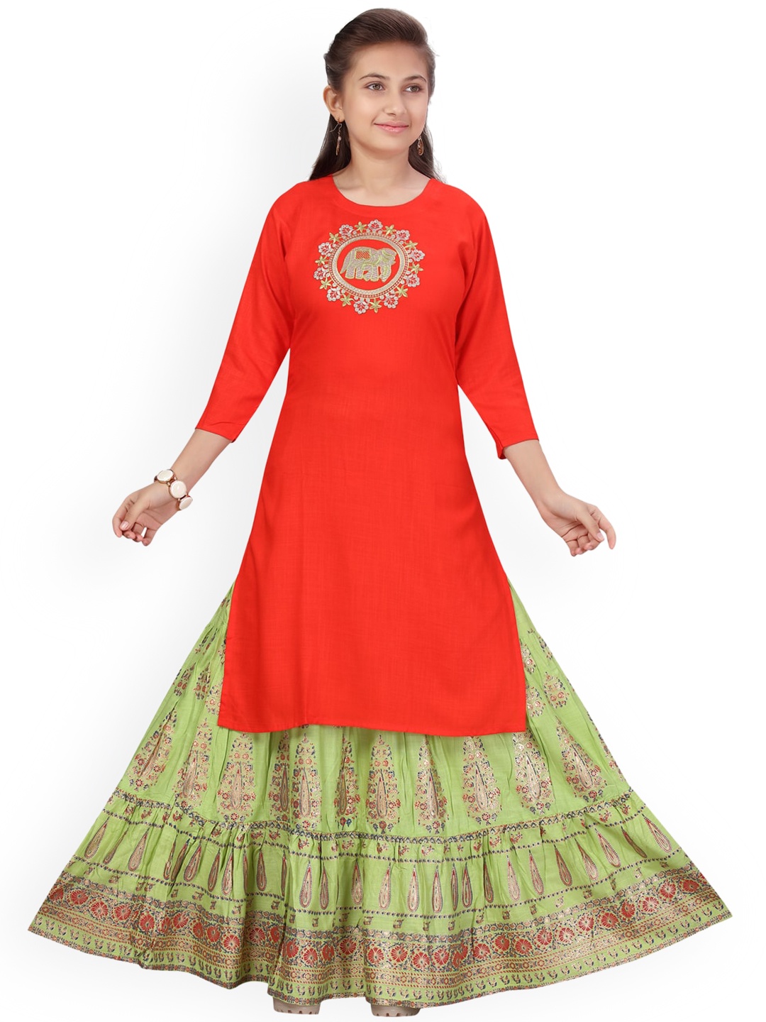 Aarika Girls Orange Ethnic Motifs Regular Straight Pure Cotton Kurta & Sharara