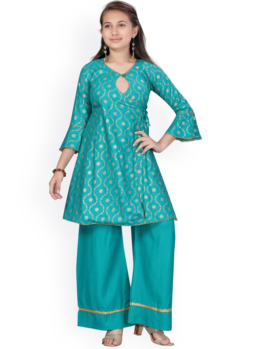 

Aarika Girls Sea Green Ethnic Motifs Printed Angrakha Straight Pure Cotton Kurti &