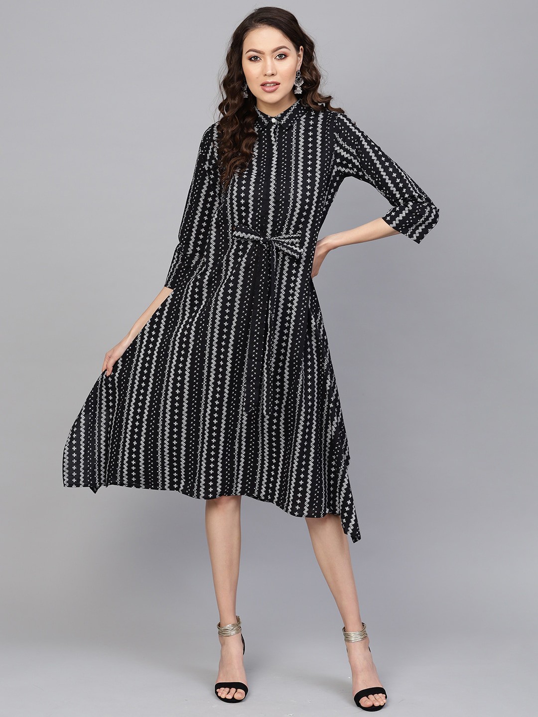 

Indo Era Black & White Striped A-Line Midi Cotton Dress