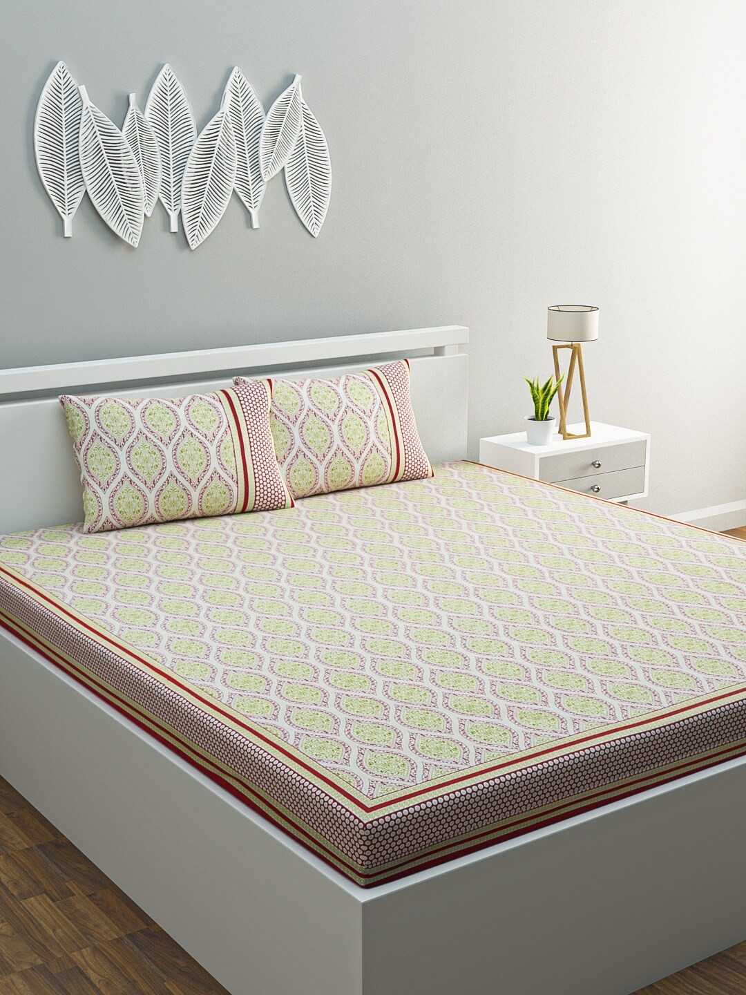 

HOME AFFAIRS White & Green Ethnic Motifs 144 TC Cotton 1 Queen Bedsheet with 2 Pillow Covers
