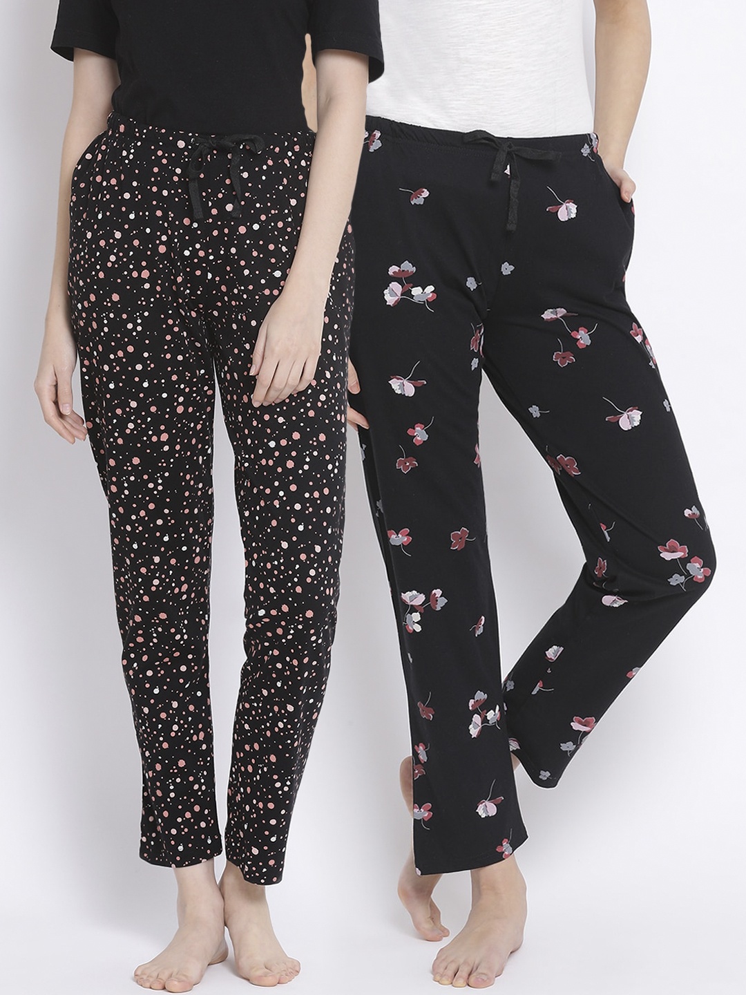 

Kanvin Women Pack of 2 Floral Print Cotton Lounge Pants, Black