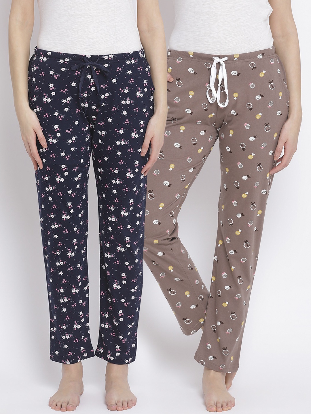 

Kanvin Women Pack Of 2 Printed Pure Cotton Lounge Pants, Brown