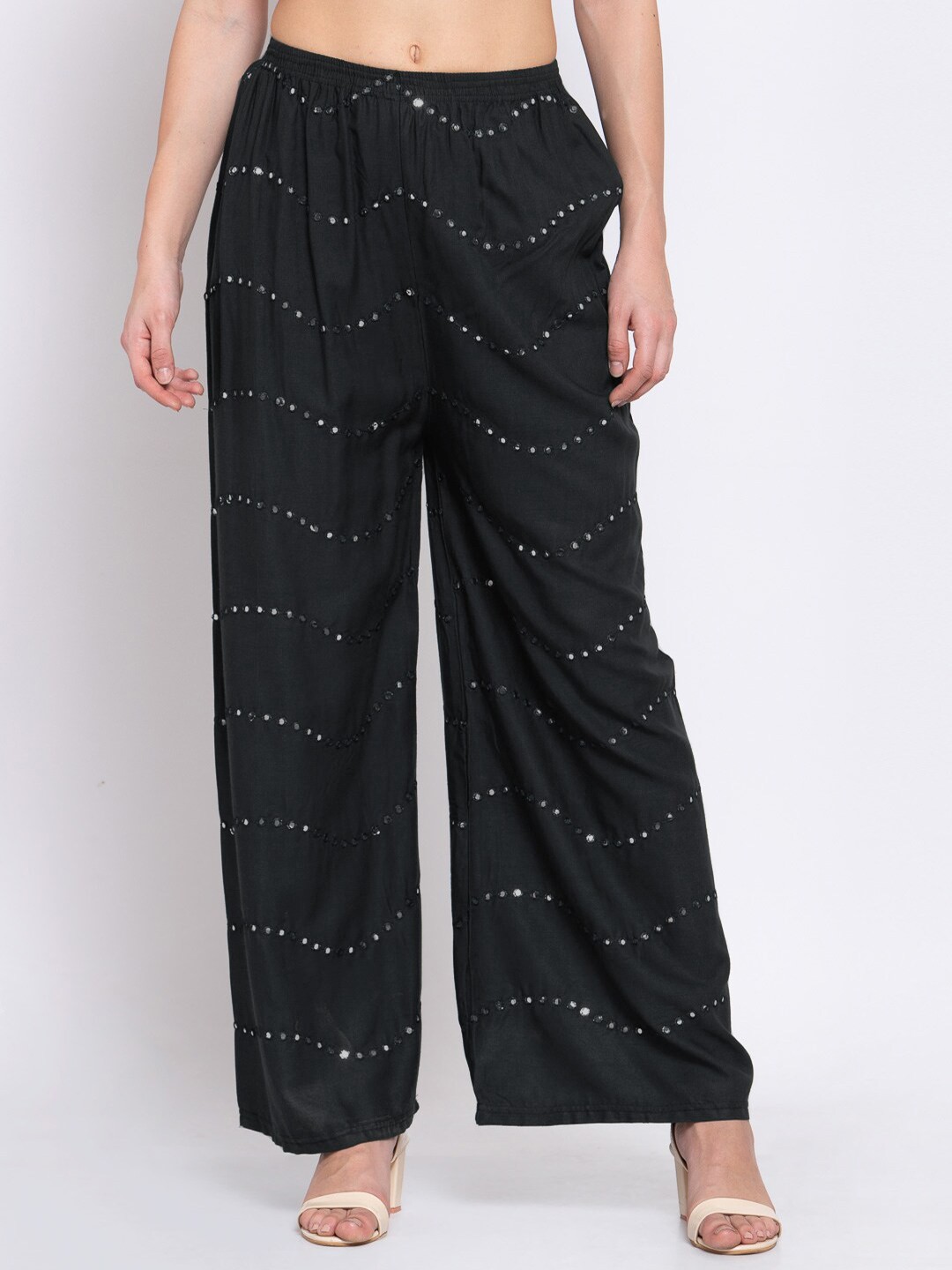 

KLOTTHE Women Black Embroidered Wide Leg Palazzos