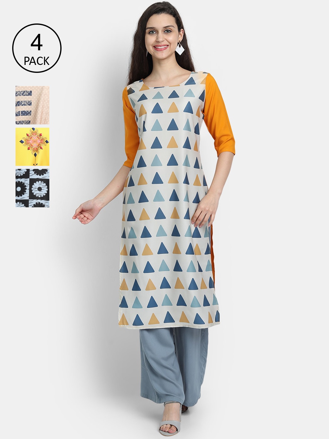 

Ethnic basket Women Pack of 4 Multicoloured Geometric Printed Crepe Kurta, Multi