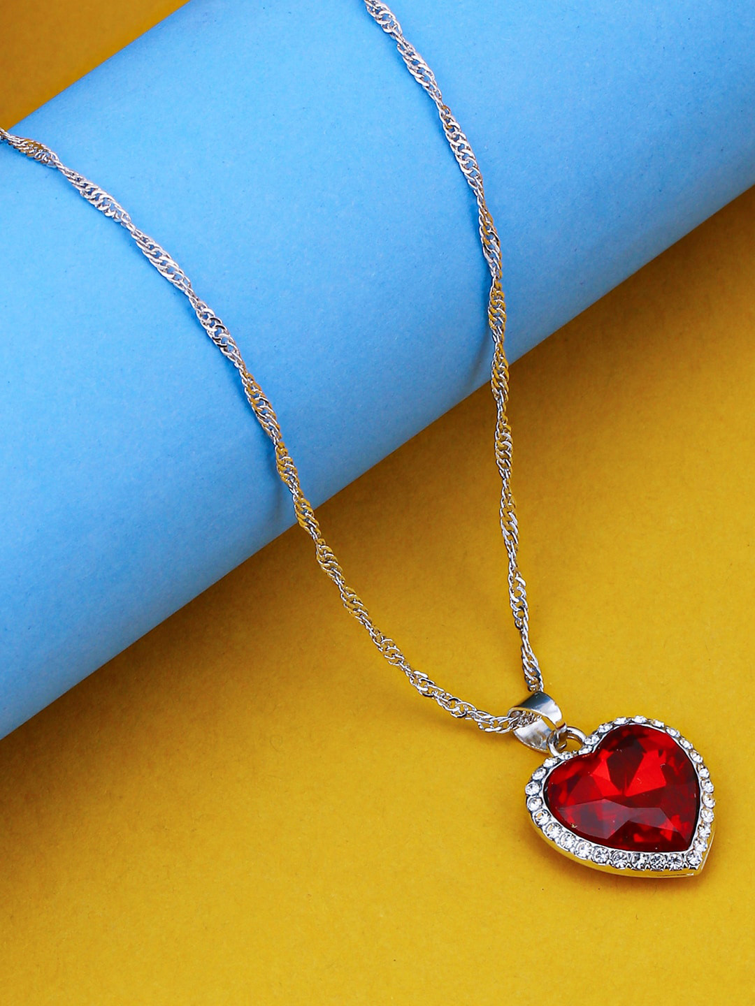

Sukkhi Rhodium-Plated Red & White Stone-Studded Heart-Shaped Antique Pendant With Chain