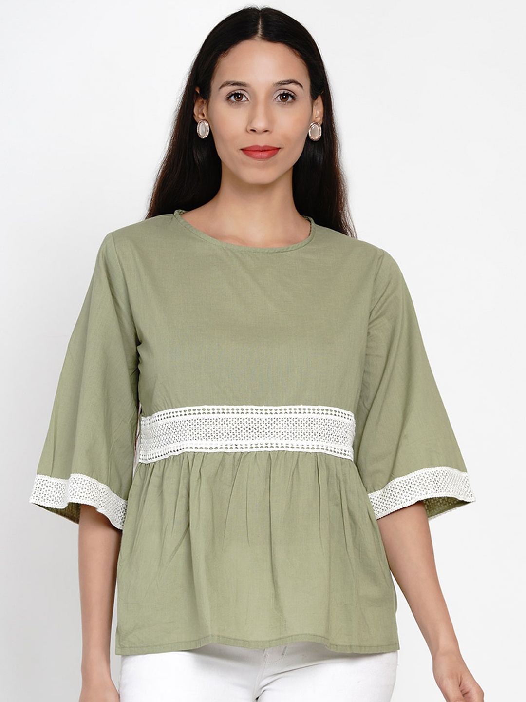 

Costura Green & White Flared Sleeves Peplum Top