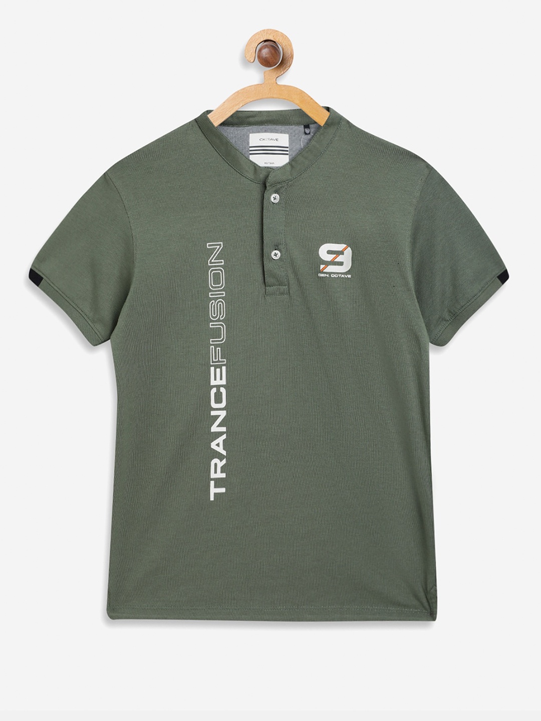 

Octave Boys Olive Green Printed Henley Neck Cotton Pure Cotton T-shirt