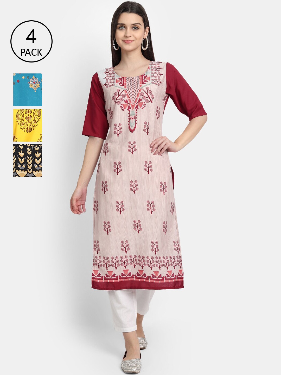 

Ethnic basket Women Pack of 4 Printed Crepe Kurtas, Pink
