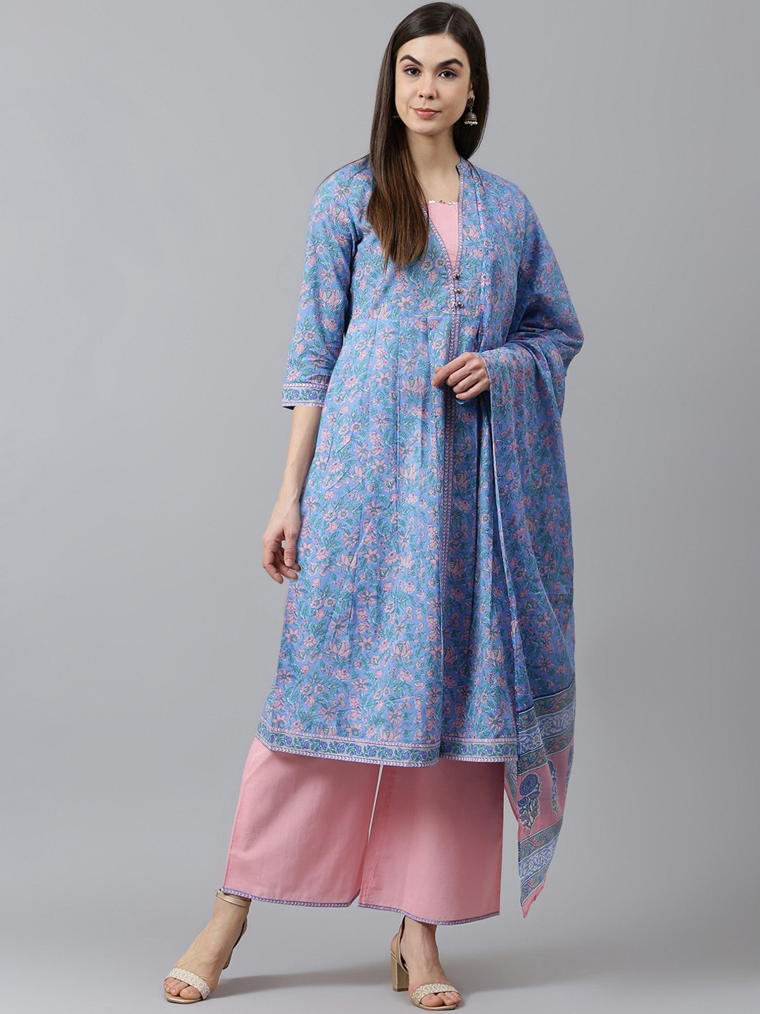 

QOMN Women Blue Floral Printed Regular A-Line Pure Cotton Kurta with Palazzos & With