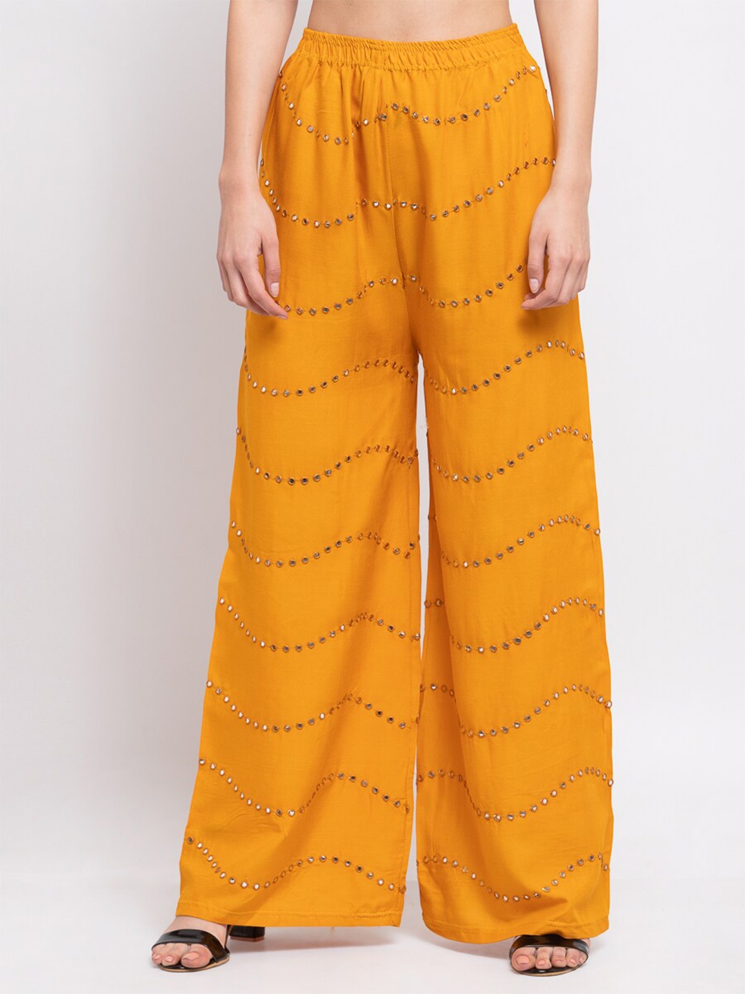 

KLOTTHE Women Mustard Yellow Embellished Wide Leg Palazzos
