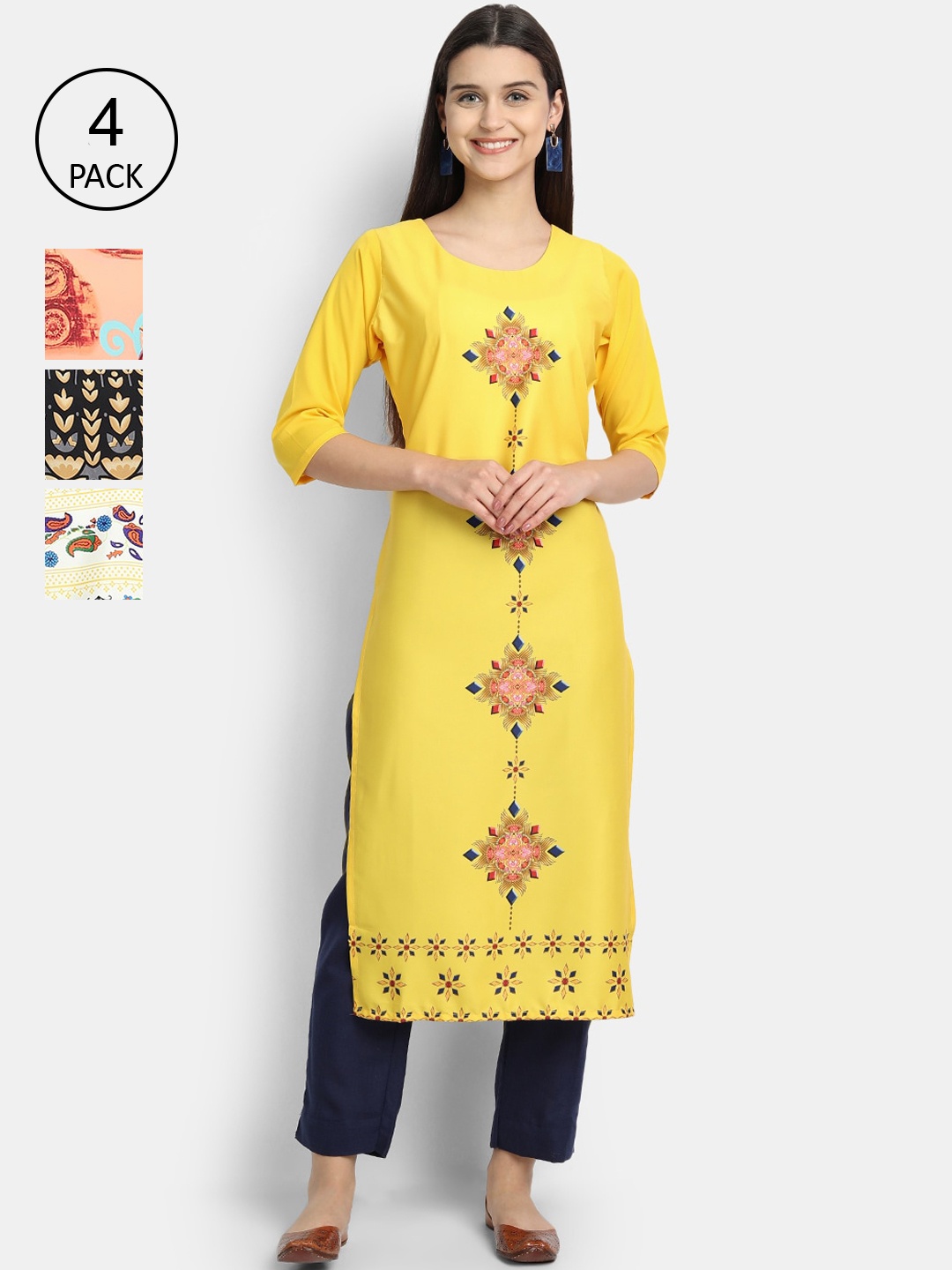 

Ethnic basket Women Multicoloured Floral Embroidered Mirror Work Crepe Kurta, Multi