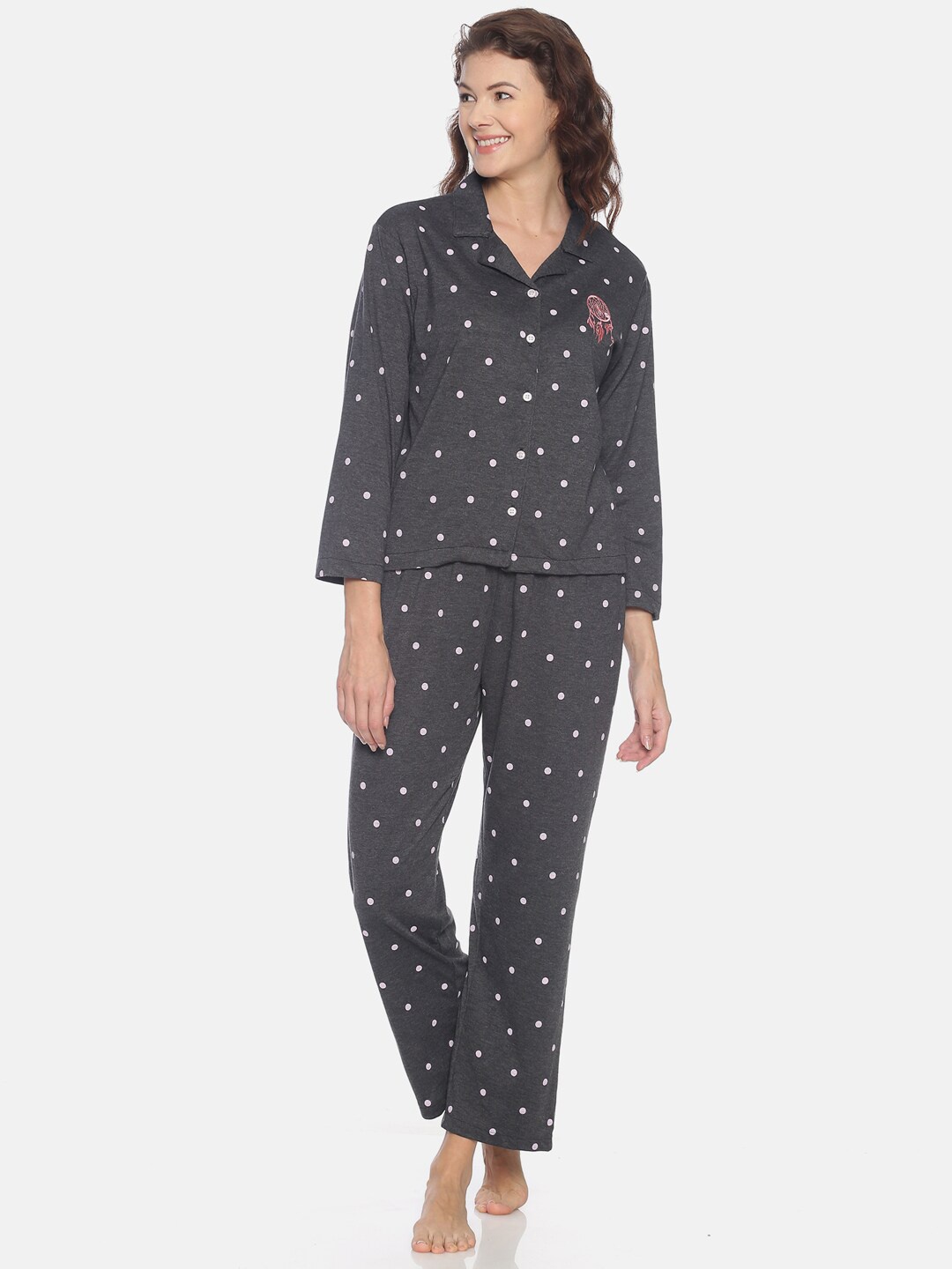 

Campus Sutra Women Charcoal & White Printed Pure Cotton Night Suit