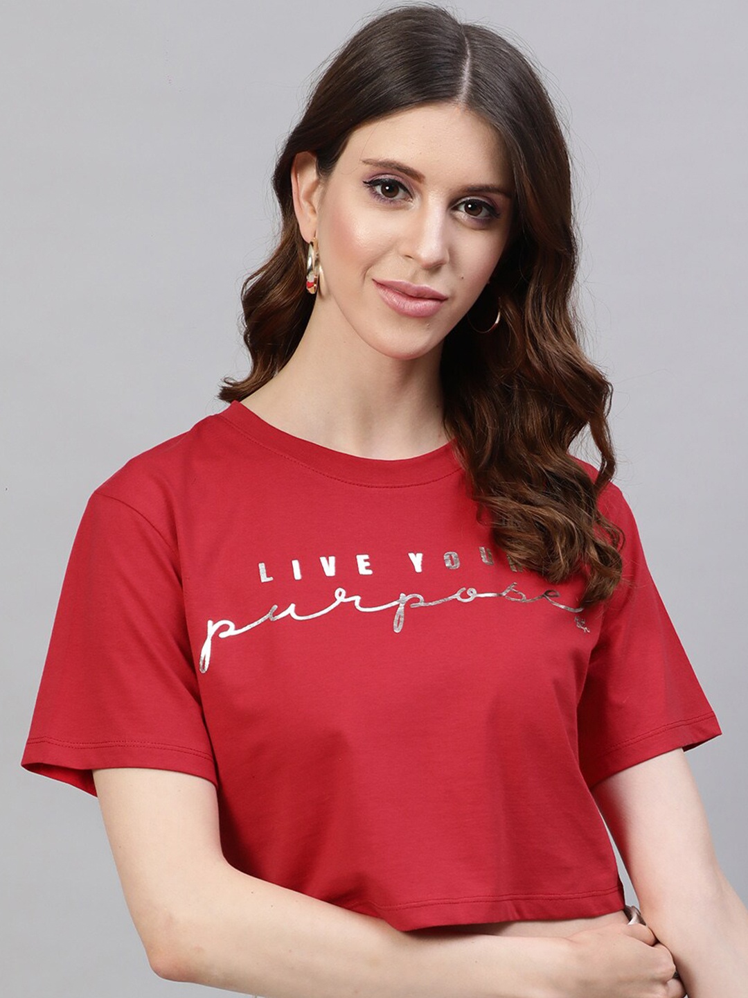 

STREET 9 Women Red Printed Round Neck Pure Cotton Crop Pure Cotton T-shirt