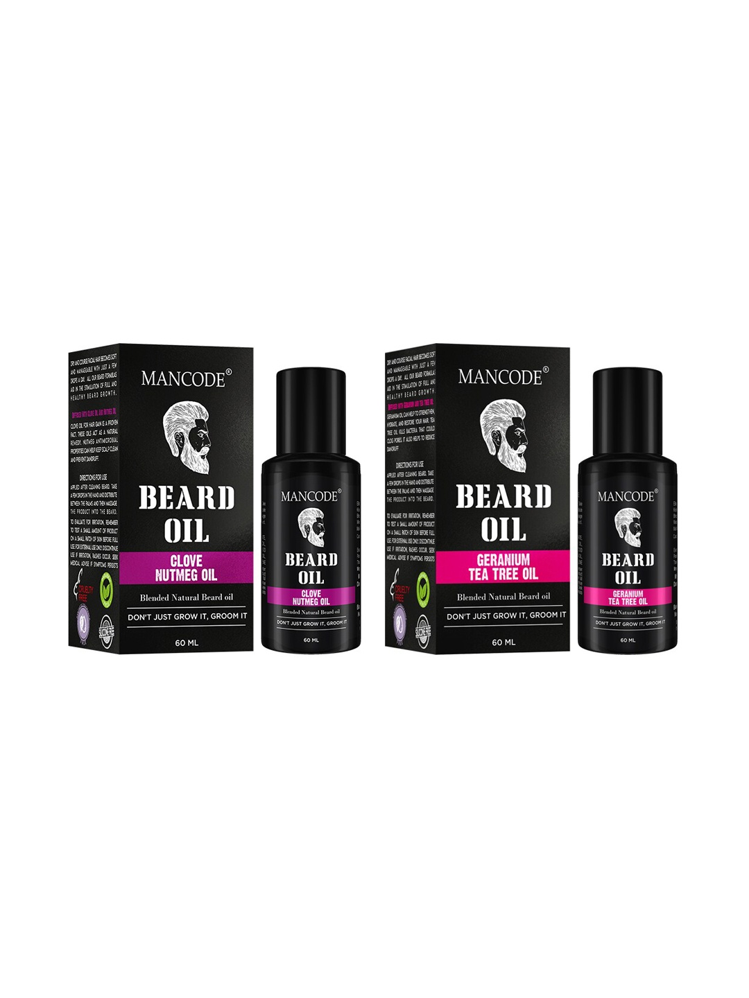 

MANCODE Set of 2 Beard Oil Clove & Nutmeg - Geranium & Tea Tree - 60 ml each, Black