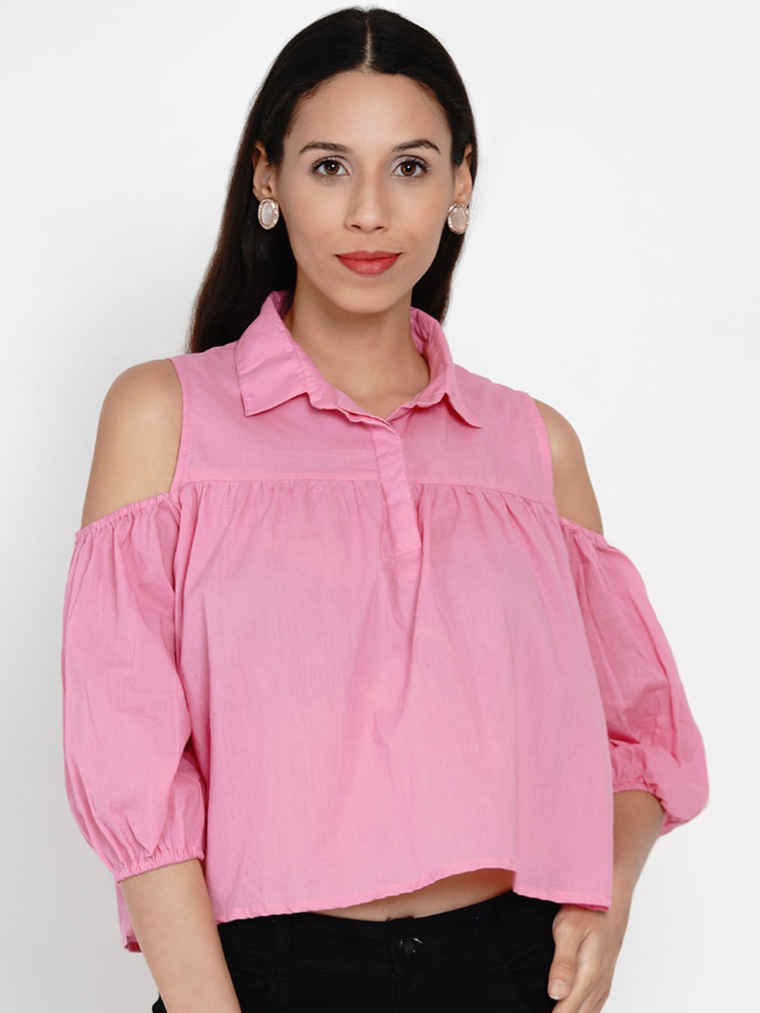 

Costura Pink Cold-Shoulder Shirt Style Cotton Top