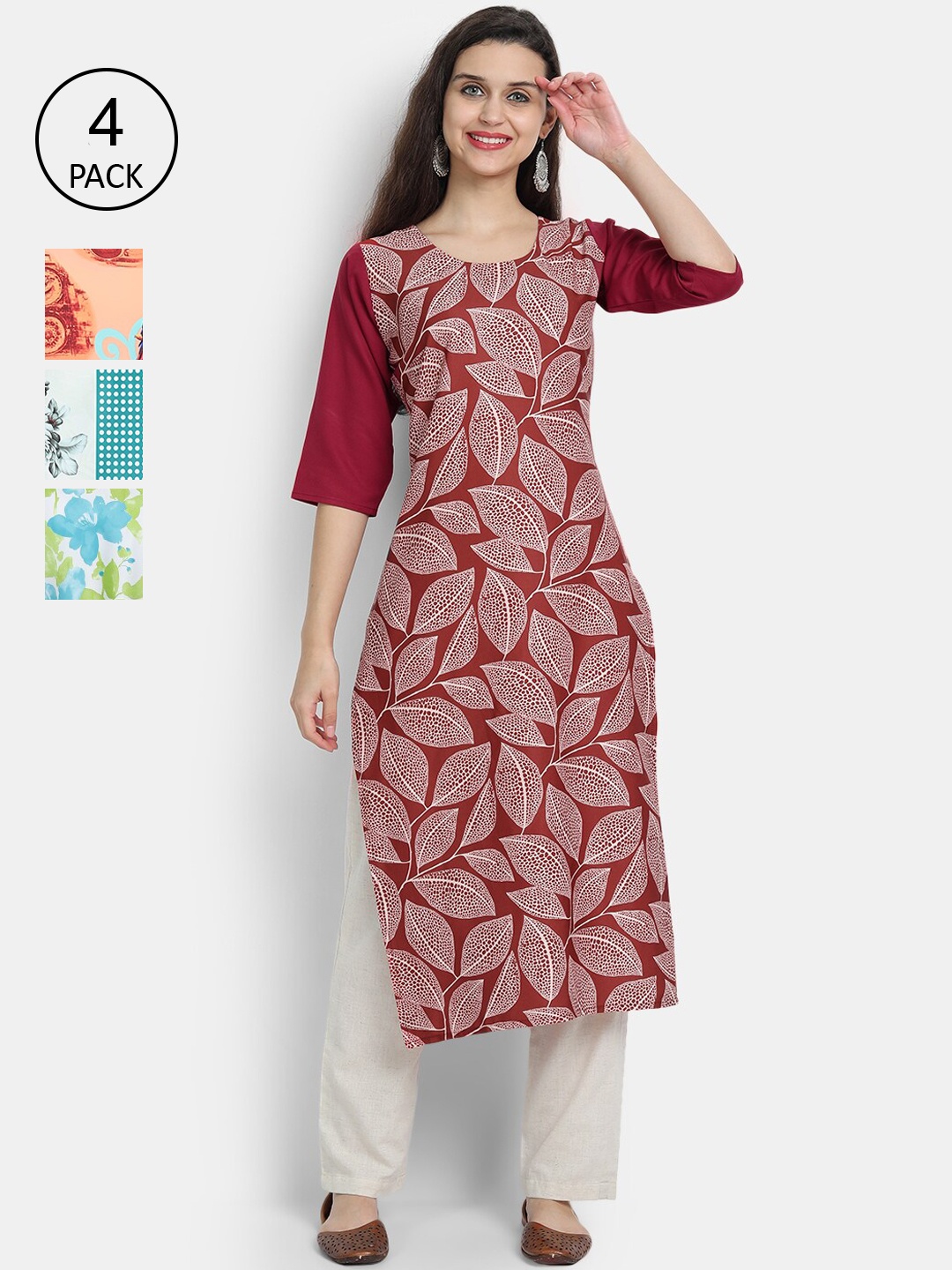 

Ethnic basket Women Pack Of 4 Multicoloured Floral Printed Crepe Kurta, Multi
