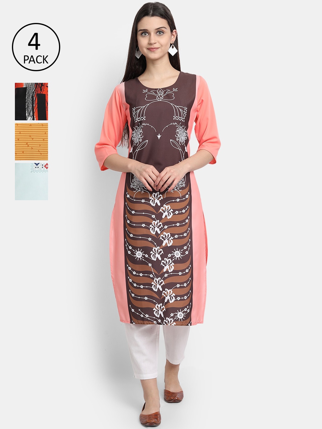 

Ethnic basket Women Pack of 4 Printed Crepe Kurtas, Pink