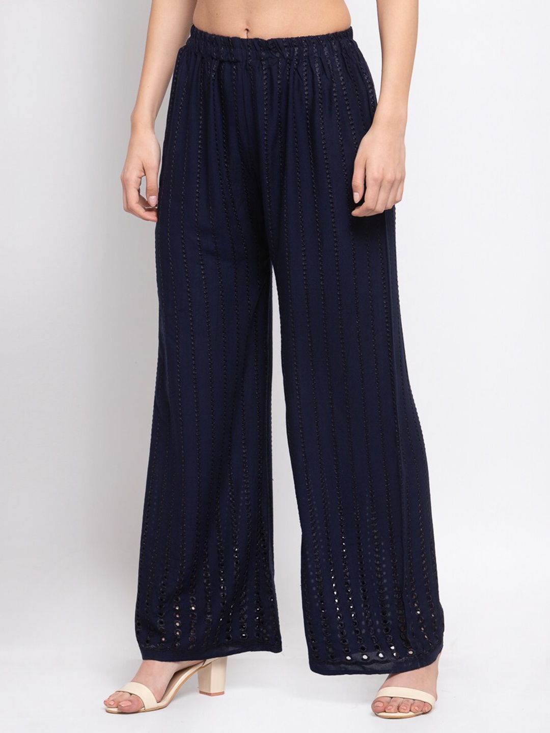 

KLOTTHE Women Navy Blue Embroidered Wide Leg Palazzos