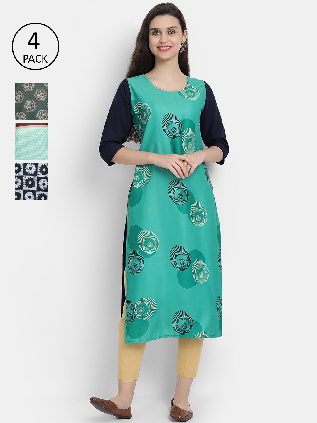 

Ethnic basket Women Multicoloured Pack of 4 Printed Crepe Straight Kurta, Multi